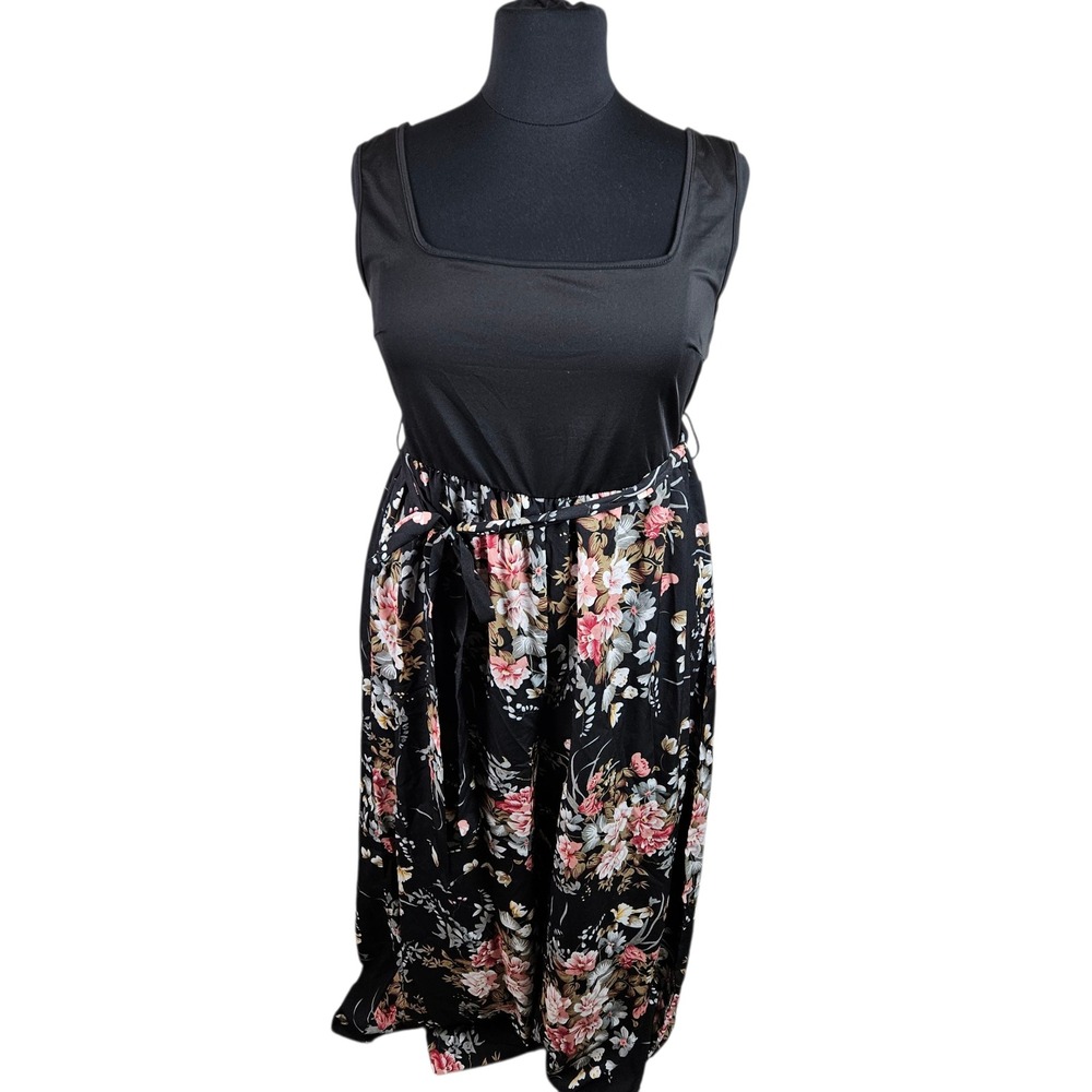 Shein Curve+ 5XL Black Floral Print Jumpsuit‎ Square Neck Tie Belt